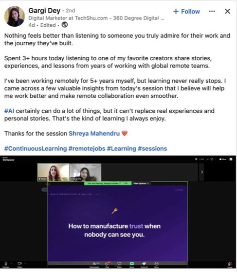 LinkedIn post or message about the session