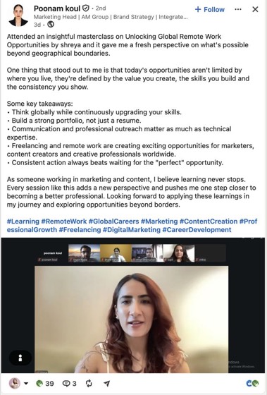 LinkedIn post or message about the session